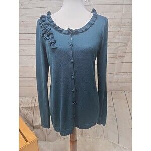Talbots Women’s Medium Cardigan Sweater‎ Silk Cotton Green Ruffles Long Sleeves